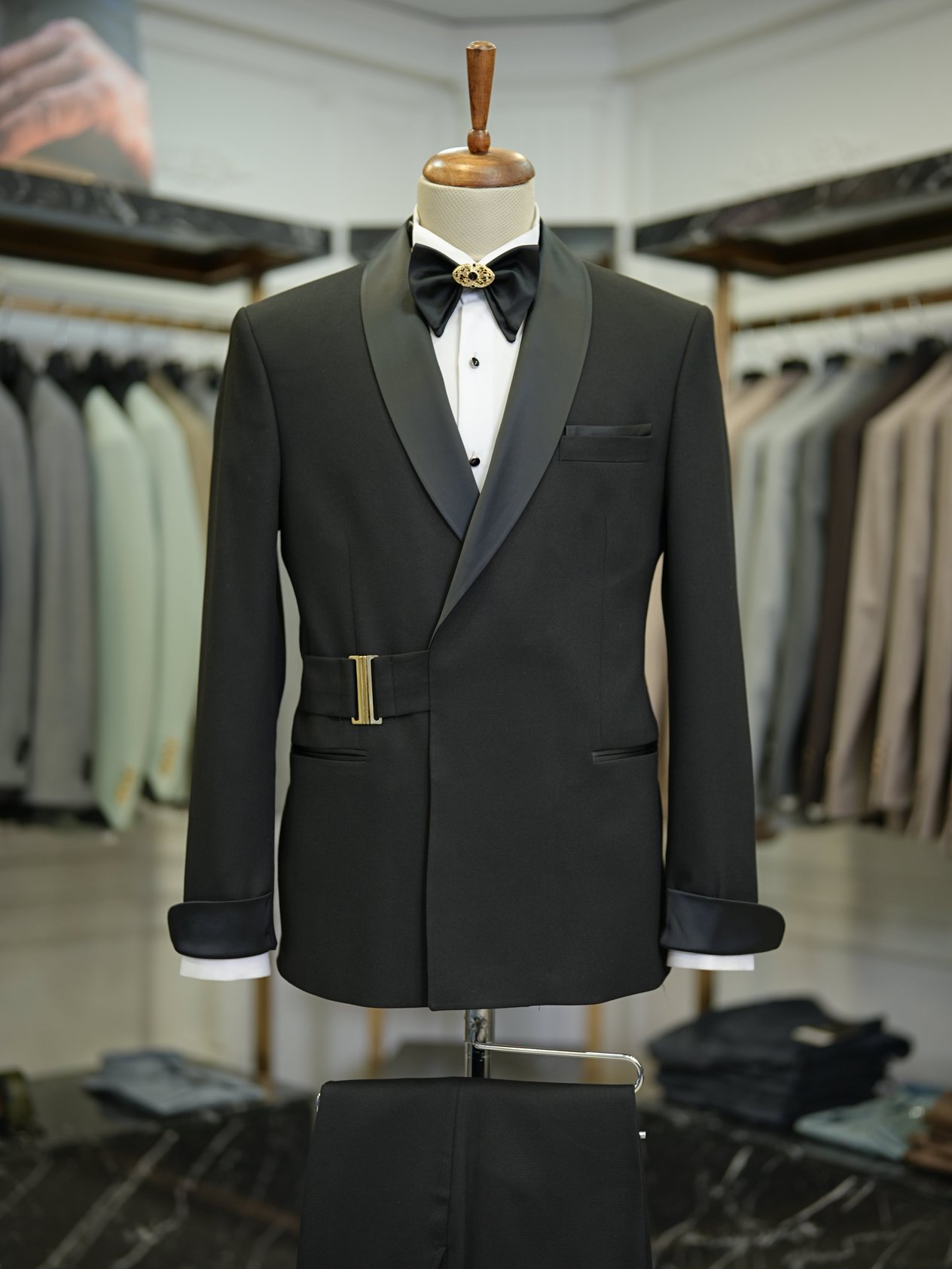 Erkek Kruvaze Smokin Damatlık Gold Toka Şal Yaka İtalyan Stil Slim Fit Ceket Pantolon Papyon - Siyah