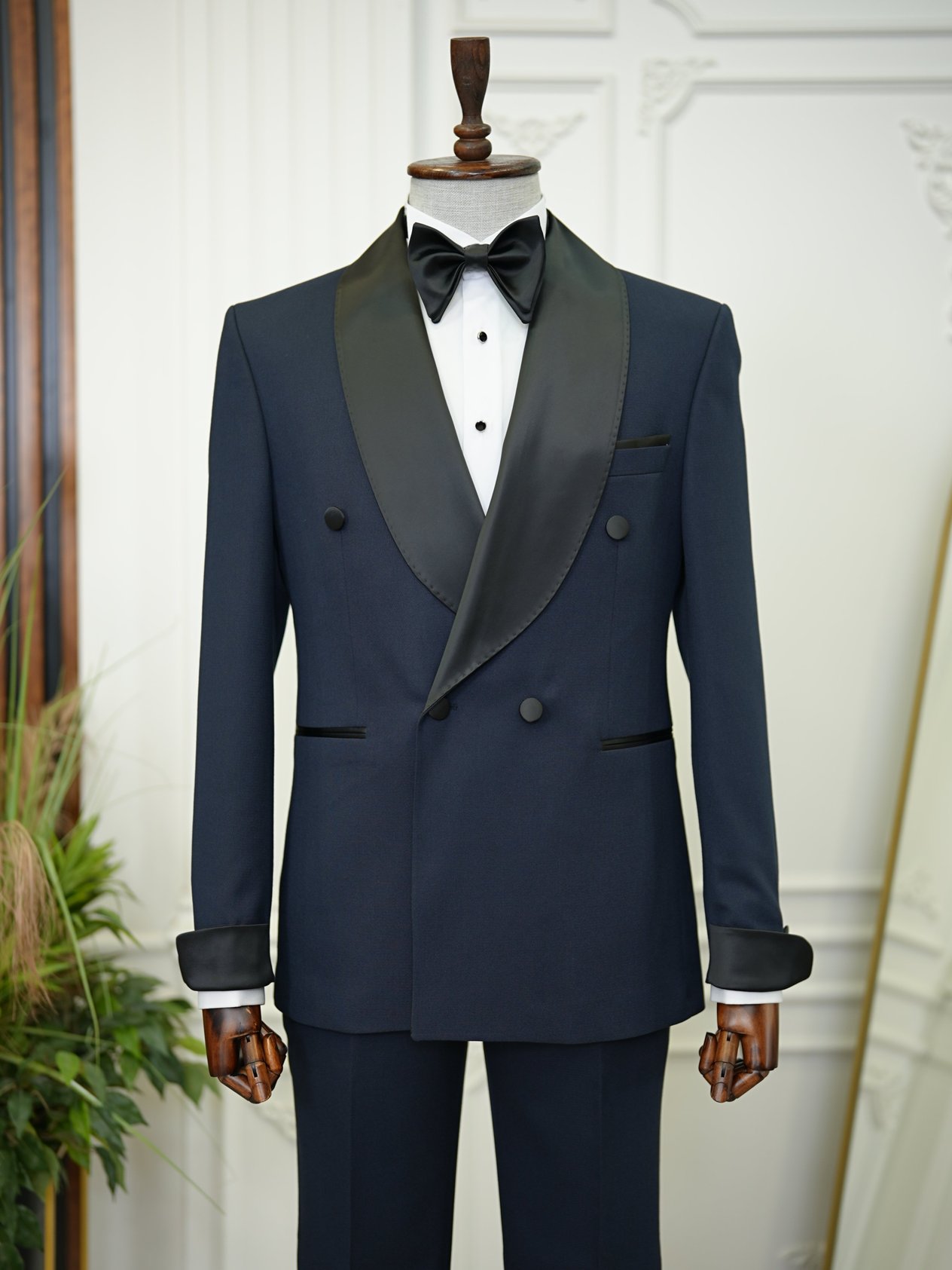 Erkek Kruvaze Smokin Damatlık Manşet Kollu Şall Yaka İtalyan Stil Slim Fit Ceket Pantolon Papyon-Koyu Lacivert