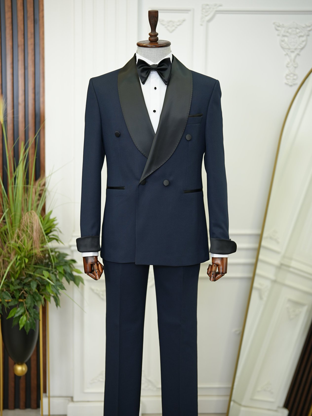 Erkek Kruvaze Smokin Damatlık Manşet Kollu Şall Yaka İtalyan Stil Slim Fit Ceket Pantolon Papyon-Koyu Lacivert