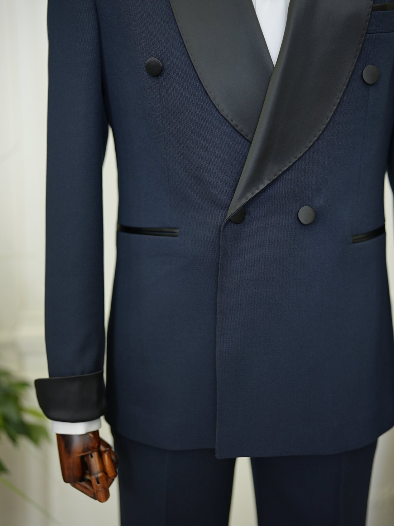 Erkek Kruvaze Smokin Damatlık Manşet Kollu Şall Yaka İtalyan Stil Slim Fit Ceket Pantolon Papyon-Koyu Lacivert
