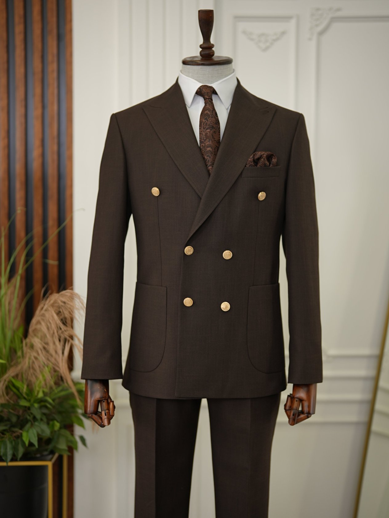 Erkek Kruvaze Takım Elbise Metal Düğme Tulum Cepli İtalyan Kesim Slim Fit Ceket Pantolon-Acı Kahve