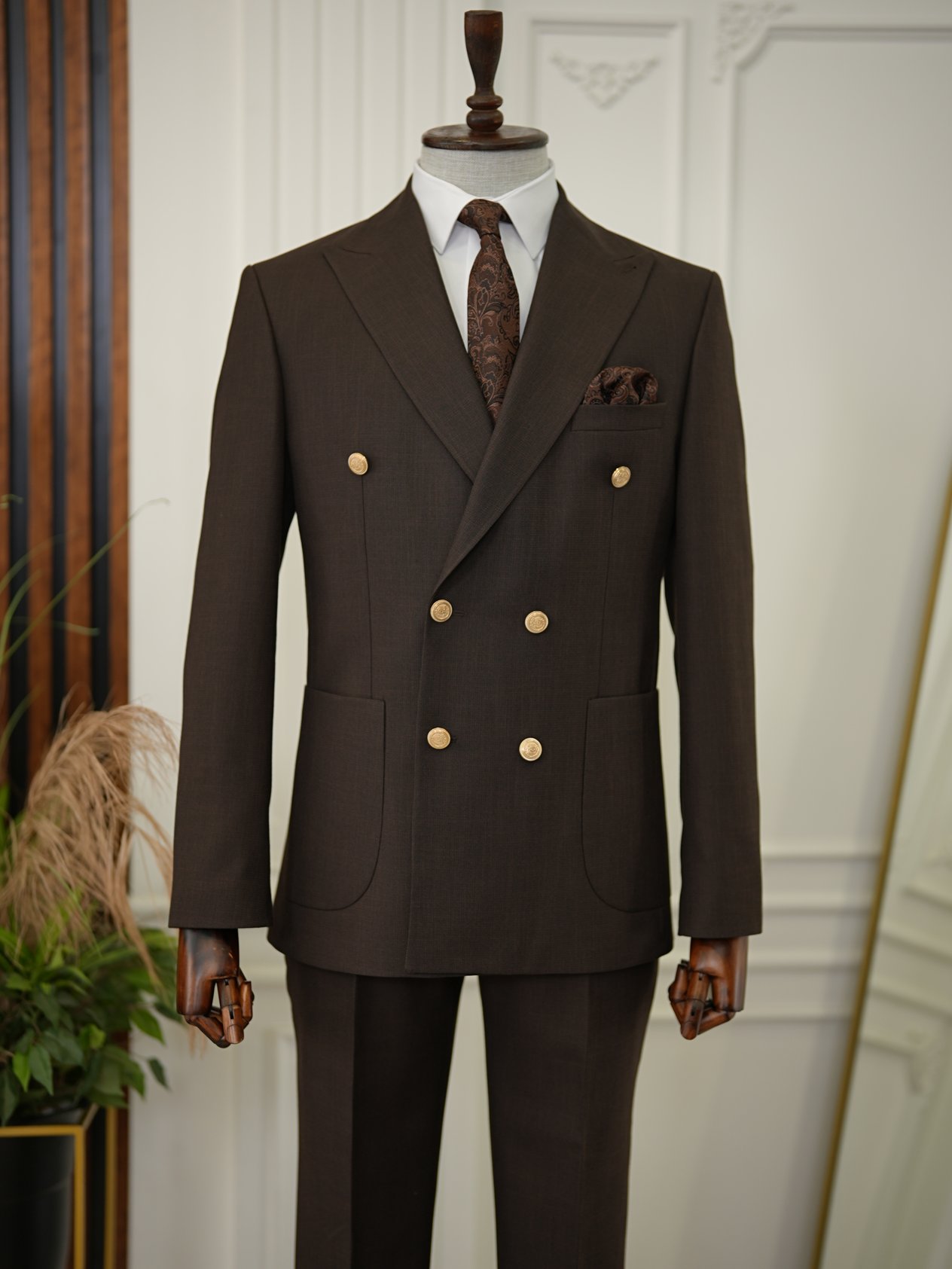 Erkek Kruvaze Takım Elbise Metal Düğme Tulum Cepli İtalyan Kesim Slim Fit Ceket Pantolon-Acı Kahve