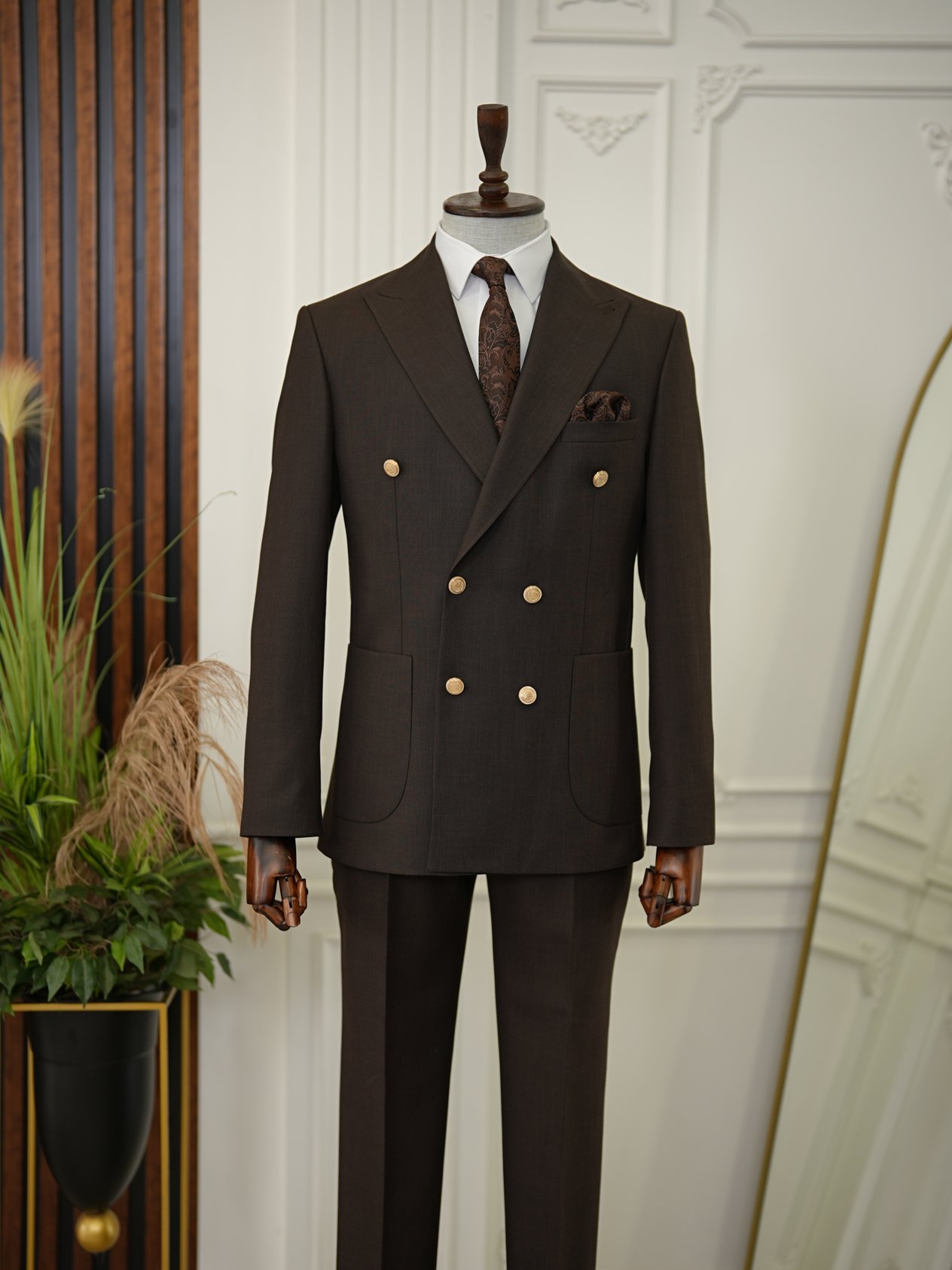 Erkek Kruvaze Takım Elbise Metal Düğme Tulum Cepli İtalyan Kesim Slim Fit Ceket Pantolon-Acı Kahve