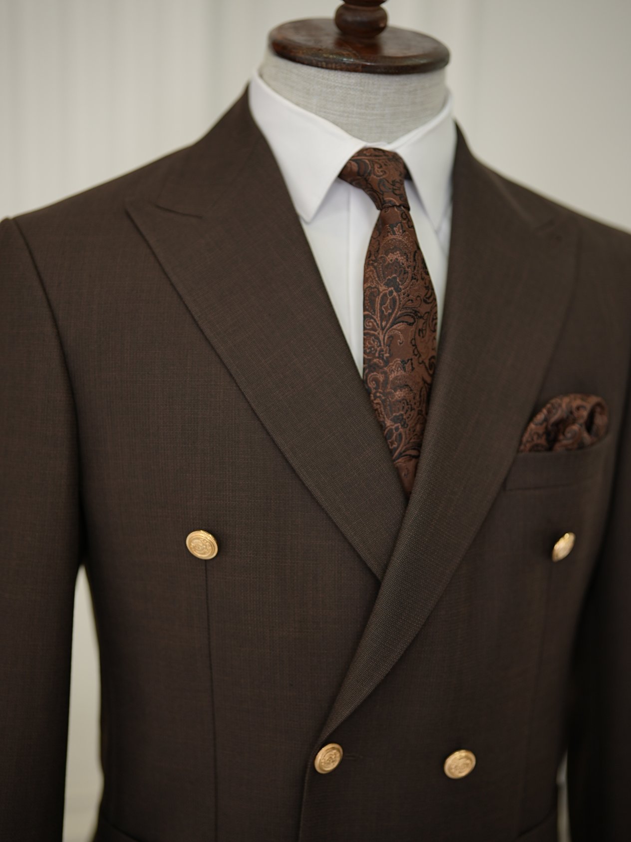 Erkek Kruvaze Takım Elbise Metal Düğme Tulum Cepli İtalyan Kesim Slim Fit Ceket Pantolon-Acı Kahve