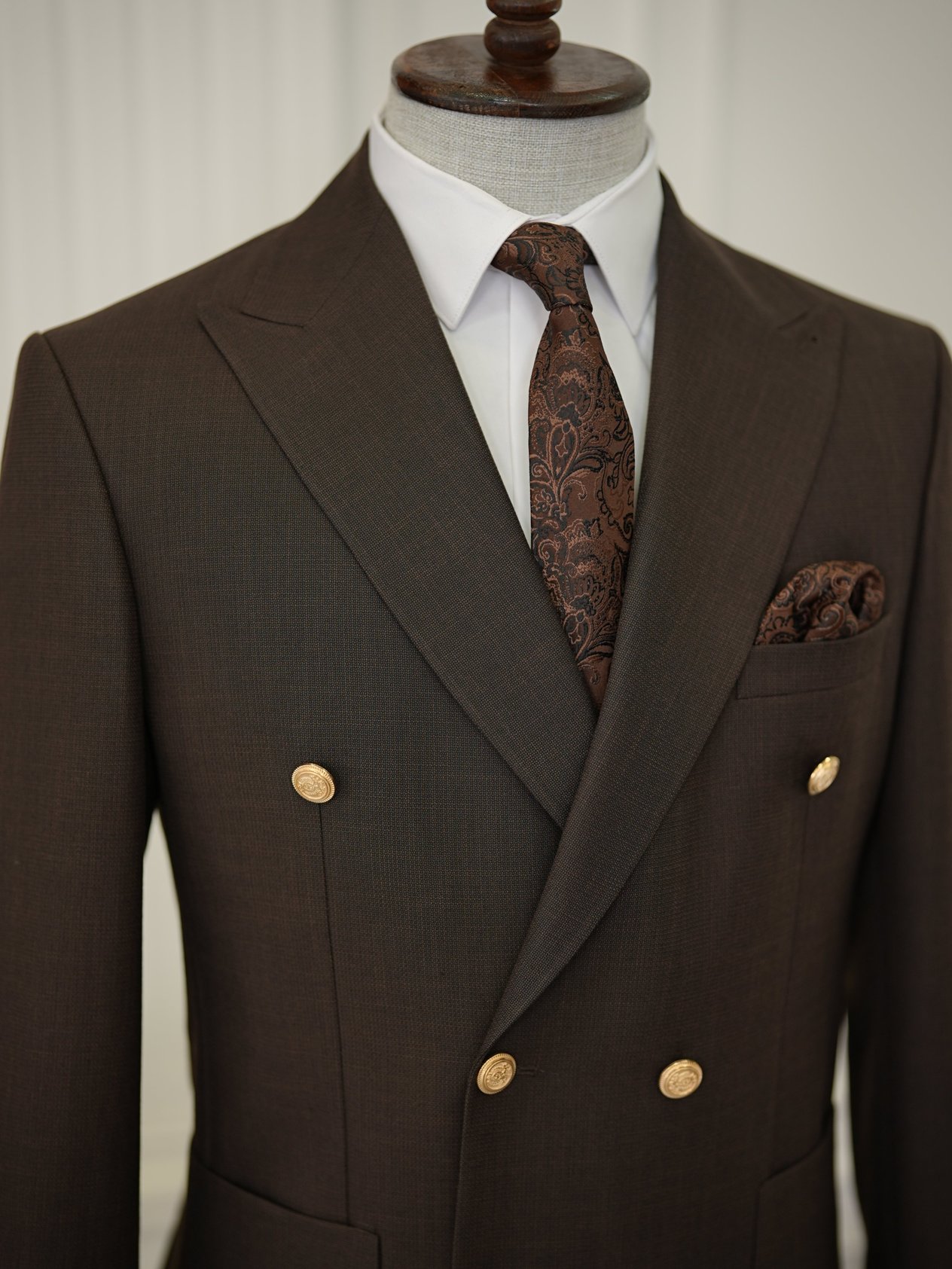 Erkek Kruvaze Takım Elbise Metal Düğme Tulum Cepli İtalyan Kesim Slim Fit Ceket Pantolon-Acı Kahve