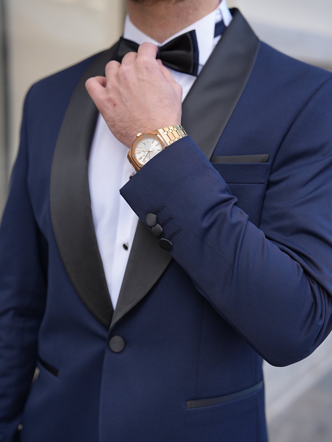 Erkek Luxury  Smokin Damatlık Şal Yaka İtalyan Stil  Ceket Pantolon Papyon- Lacivert - Lacivert