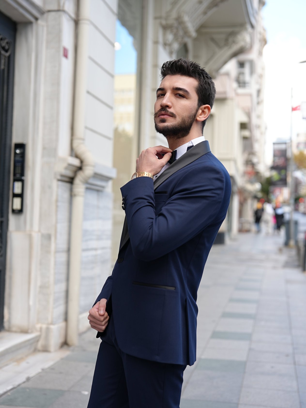 Erkek Luxury  Smokin Damatlık Şal Yaka İtalyan Stil  Ceket Pantolon Papyon- Lacivert - Lacivert