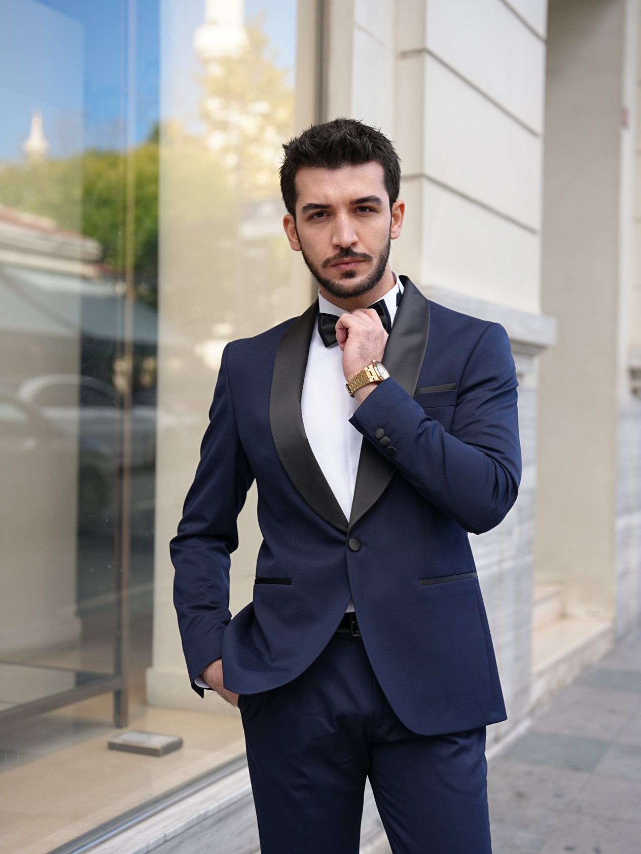 Erkek Luxury  Smokin Damatlık Şal Yaka İtalyan Stil  Ceket Pantolon Papyon- Lacivert - Lacivert