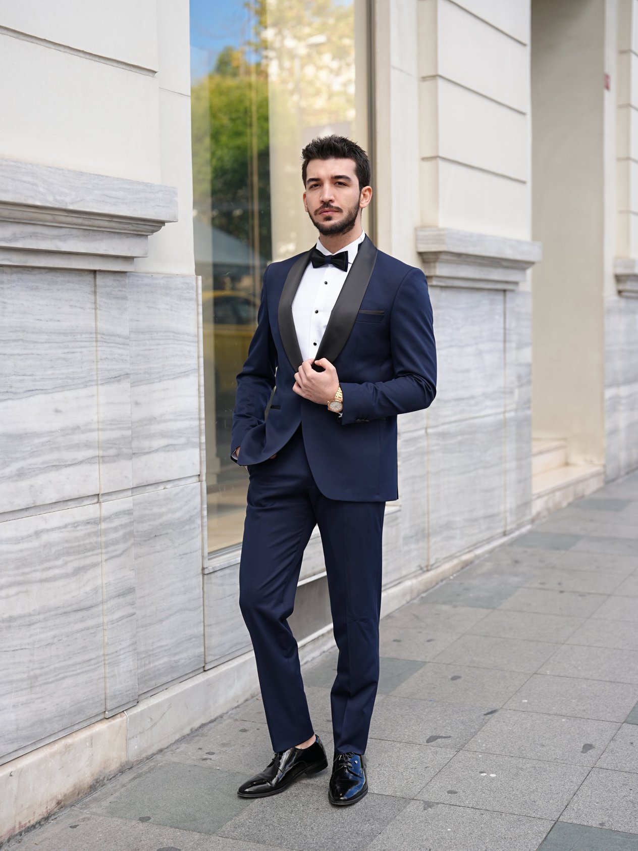 Erkek Luxury  Smokin Damatlık Şal Yaka İtalyan Stil  Ceket Pantolon Papyon- Lacivert - Lacivert