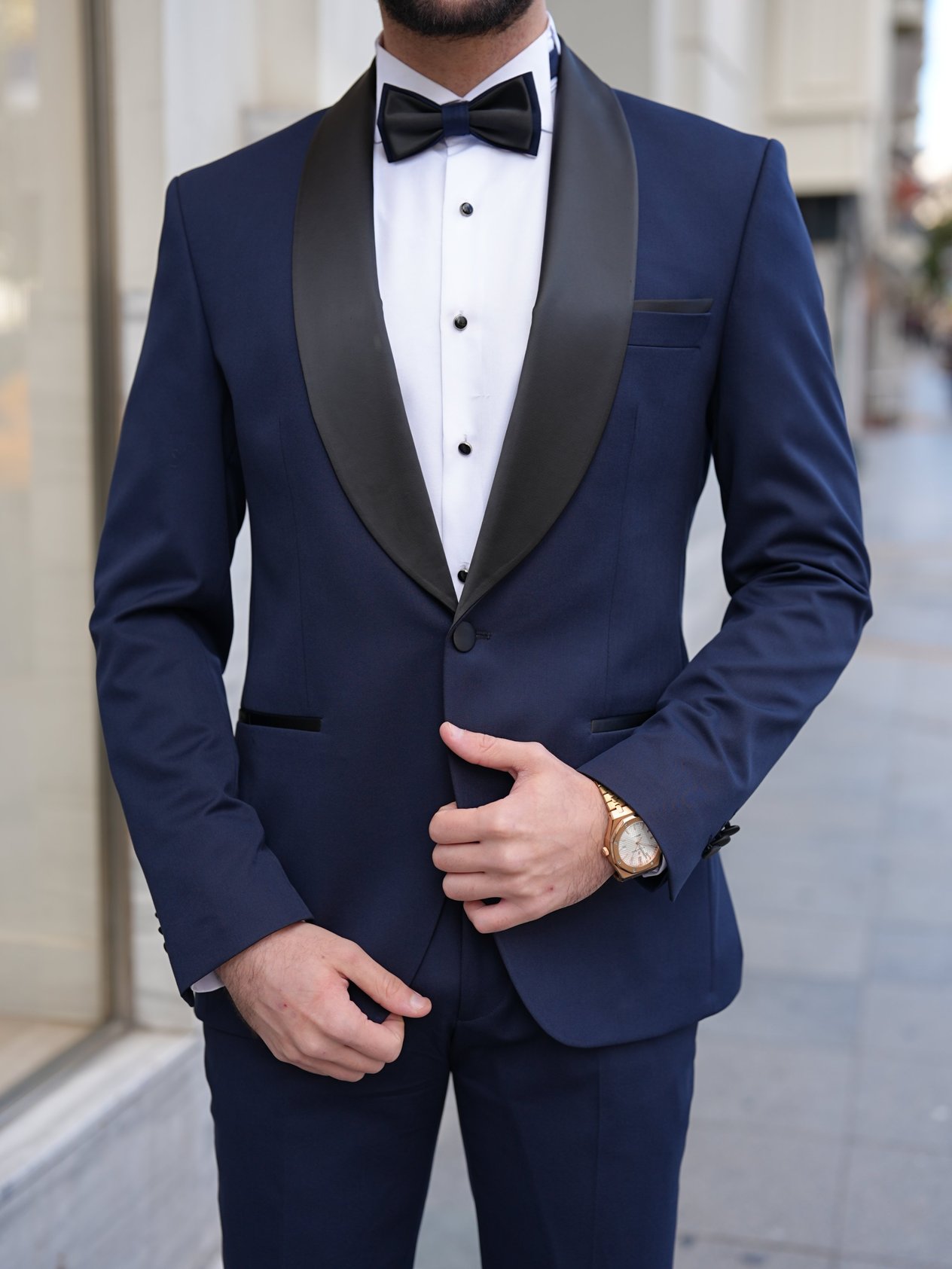Erkek Luxury  Smokin Damatlık Şal Yaka İtalyan Stil  Ceket Pantolon Papyon- Lacivert - Lacivert