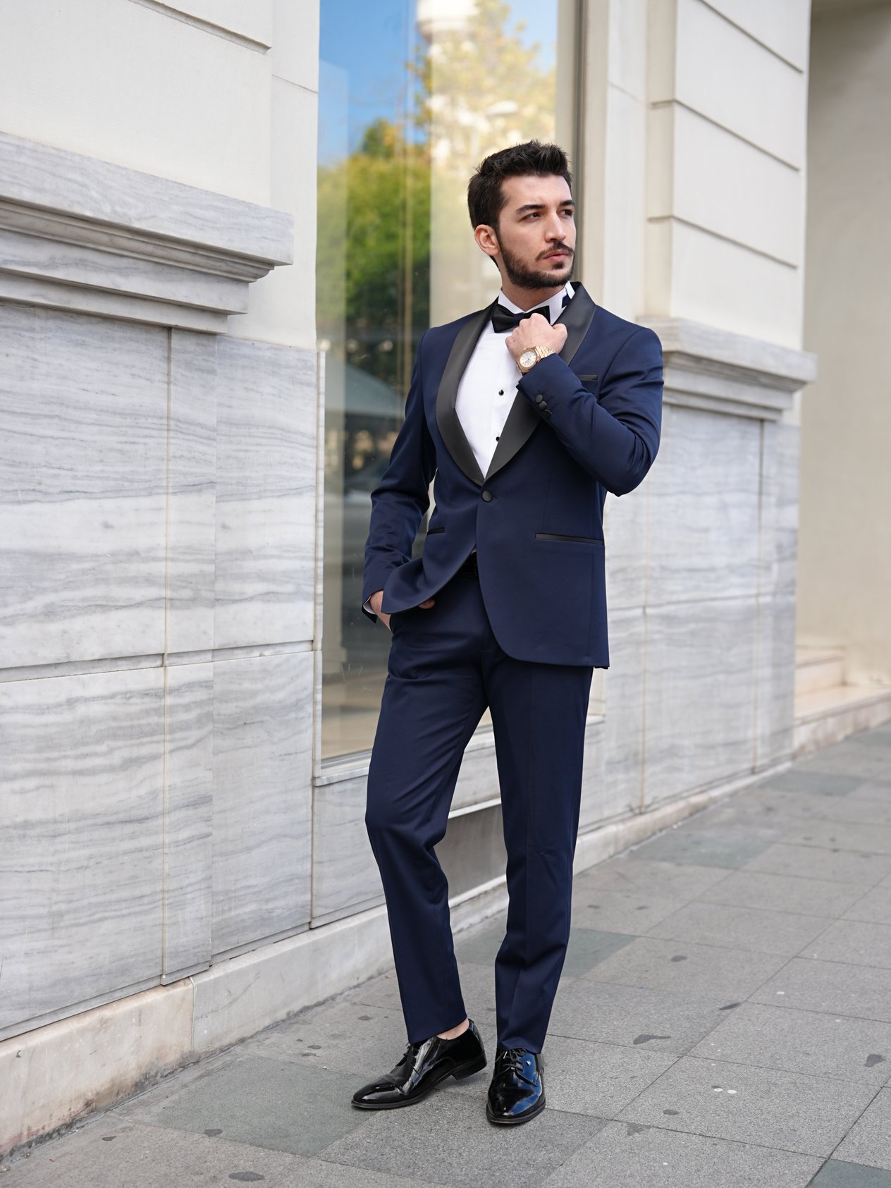Erkek Luxury  Smokin Damatlık Şal Yaka İtalyan Stil  Ceket Pantolon Papyon- Lacivert - Lacivert