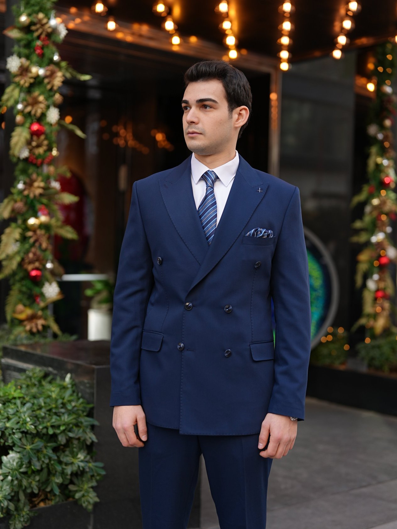Erkek Premium İtalyan Stil Punto dikişli Kapak Cepli Kruvaze Takım Elbise - Lacivert