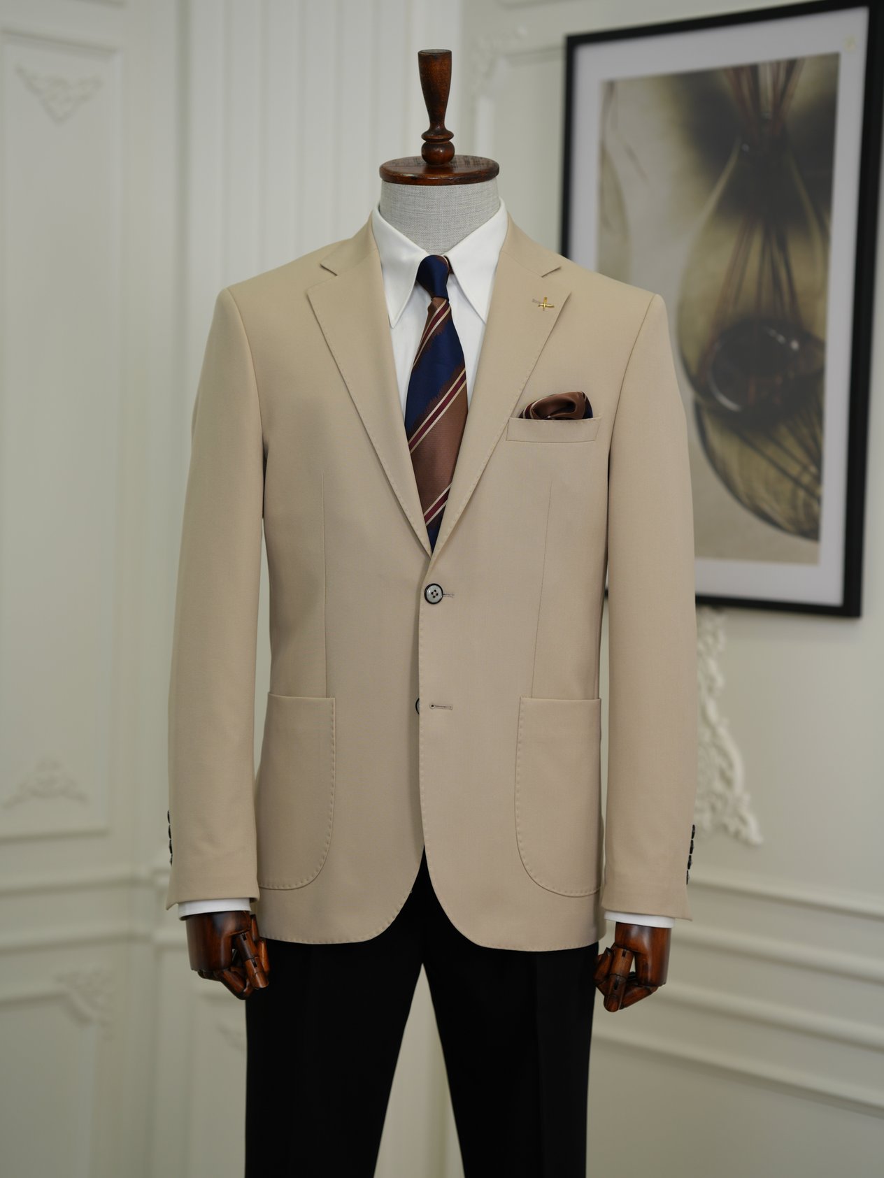 Erkek Premium İtalyan Stil Slim Fit Erkek Punto Dikişli Torba Cepli Yarım Astarlı Ceket-Bej