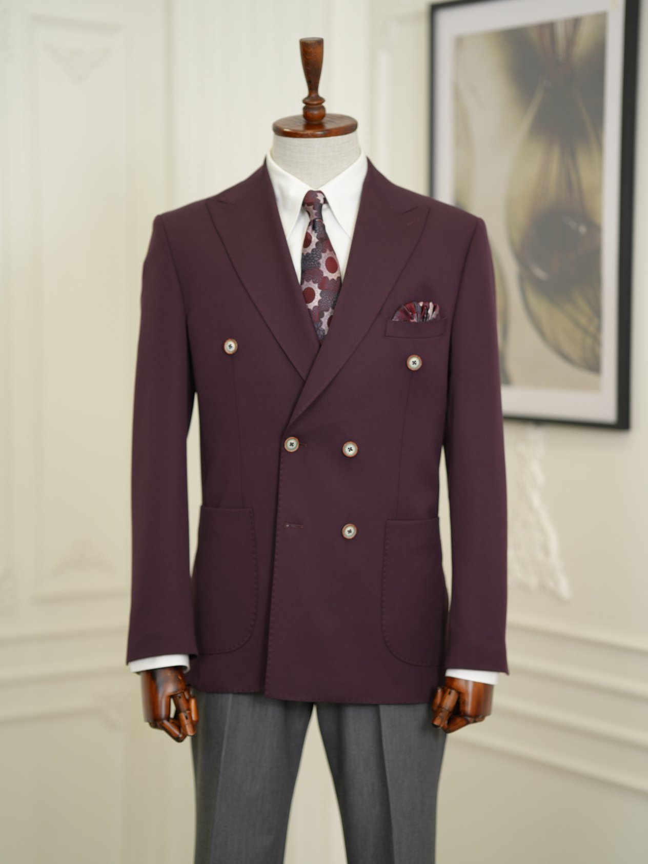 Erkek Premium İtalyan Stil Slim Fit Erkek Punto Dikişli Torba Cepli Yarım Astarlı Kruvaze Ceket-Mor