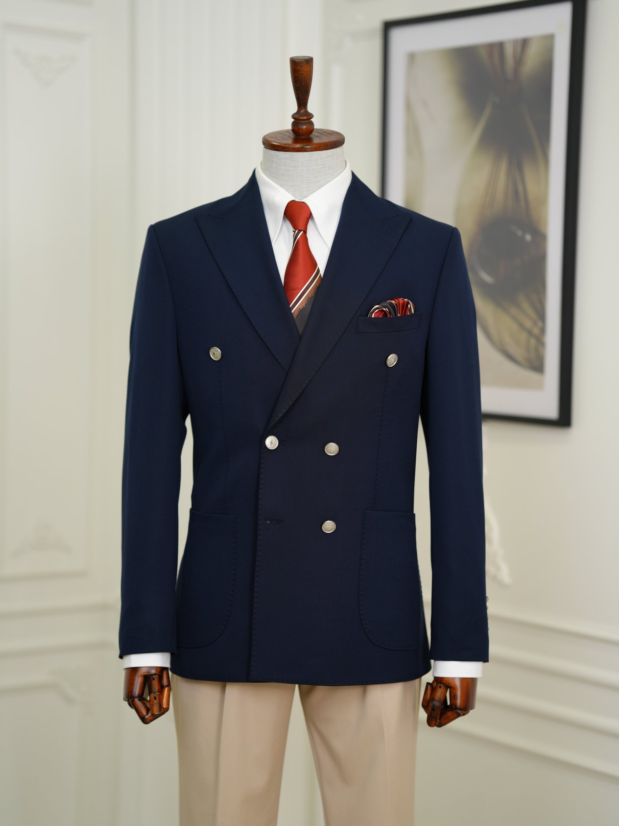 Erkek Premium İtalyan Stil Slim Fit Erkek Punto Dikişli Torba Cepli Yarım Astarlı Kruvaze Ceket - Lacivert