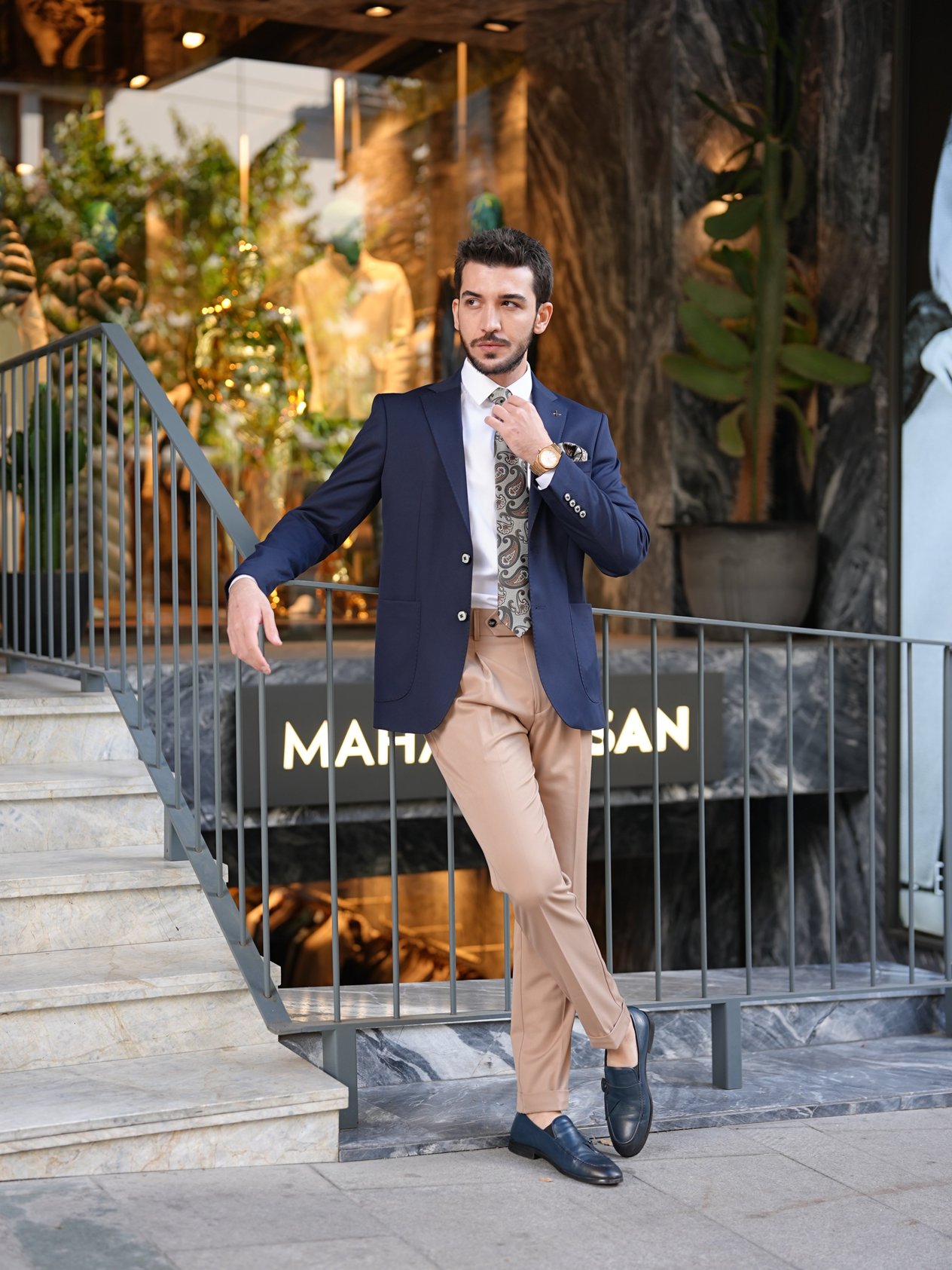 Erkek Premium İtalyan Stil Slim Fit Erkek Punto Dikişli Torba Cepli Yarım Astarlı Ceket - Lacivert
