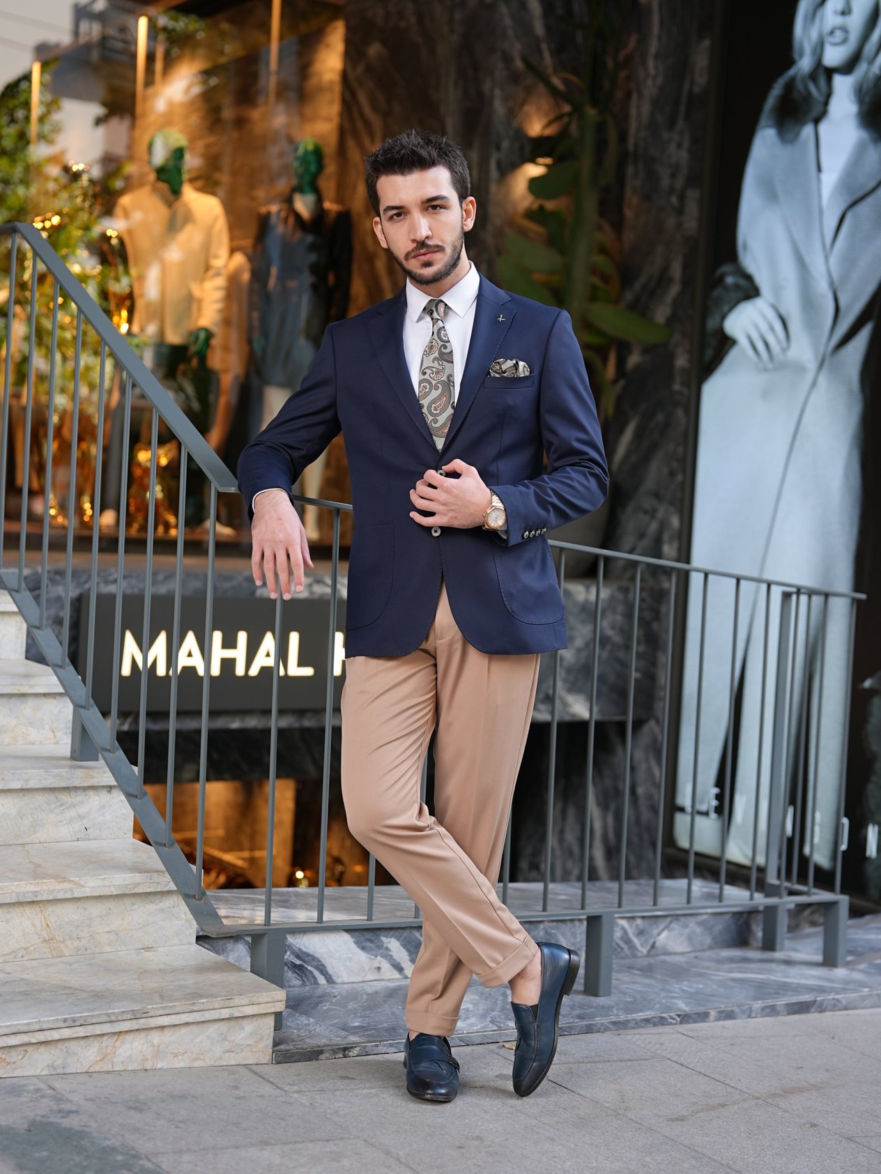 Erkek Premium İtalyan Stil Slim Fit Erkek Punto Dikişli Torba Cepli Yarım Astarlı Ceket - Lacivert