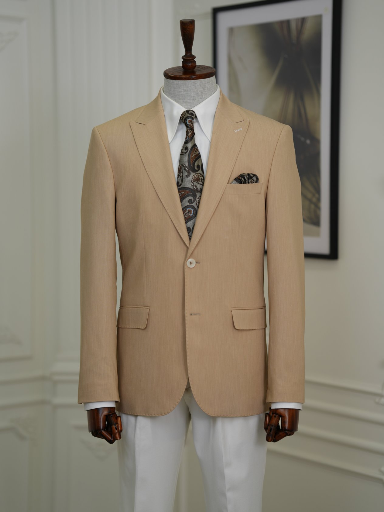 Erkek Premium İtalyan Stil Slim Fit Erkek Punto Dikişli Torba Cepli Yarım Astarlı Ceket - Krem