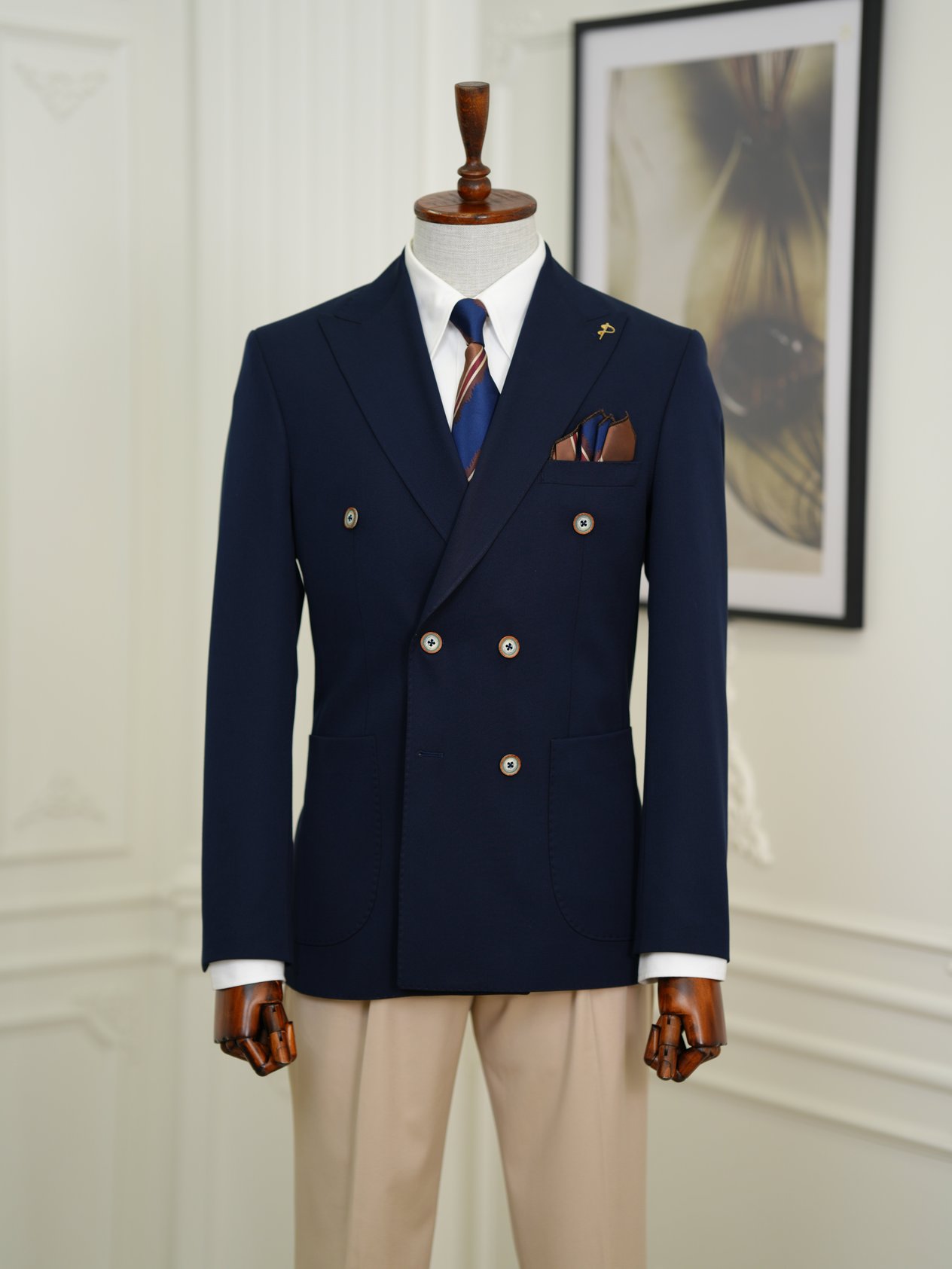 Erkek Premium İtalyan Stil Slim Fit Erkek Punto Dikişli Torba Cepli Yarım Astarlı Kruvaze Ceket-Lacivert