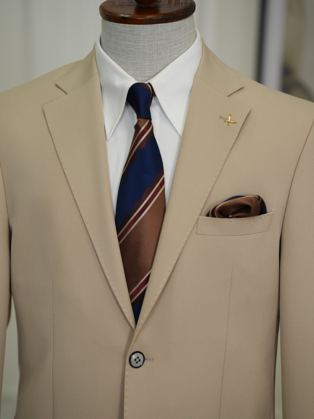 Erkek Premium İtalyan Stil Slim Fit Erkek Punto Dikişli Torba Cepli Yarım Astarlı Ceket-Bej