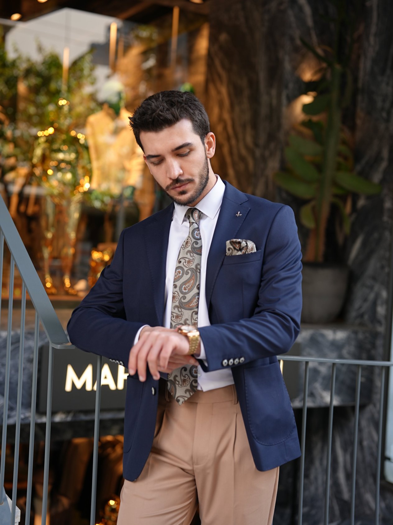 Erkek Premium İtalyan Stil Slim Fit Erkek Punto Dikişli Torba Cepli Yarım Astarlı Ceket - Lacivert