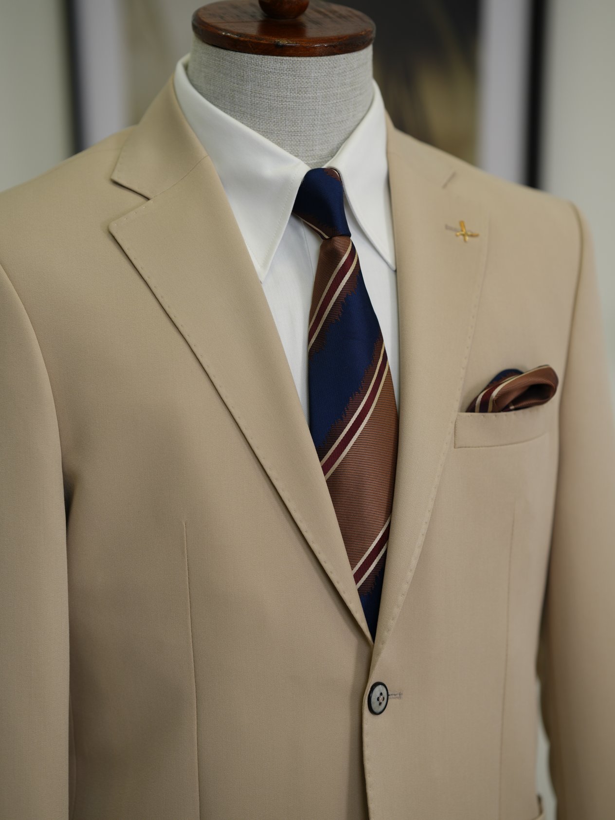 Erkek Premium İtalyan Stil Slim Fit Erkek Punto Dikişli Torba Cepli Yarım Astarlı Ceket-Bej