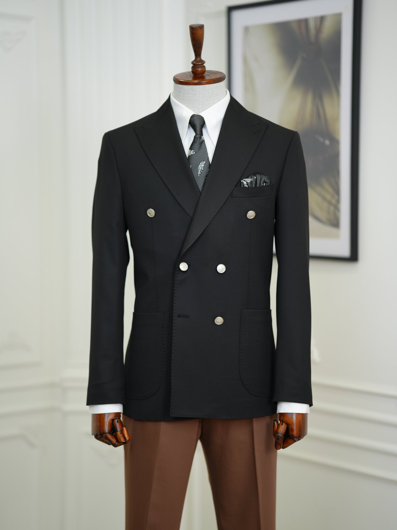 Erkek Premium İtalyan Stil Slim Fit Erkek Punto Dikişli Torba Cepli Yarım Astarlı Kruvaze Ceket - Siyah