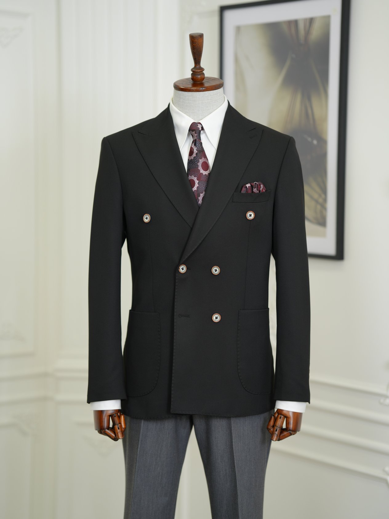 Erkek Premium İtalyan Stil Slim Fit Erkek Punto Dikişli Torba Cepli Yarım Astarlı Kruvaze Ceket-Siyah