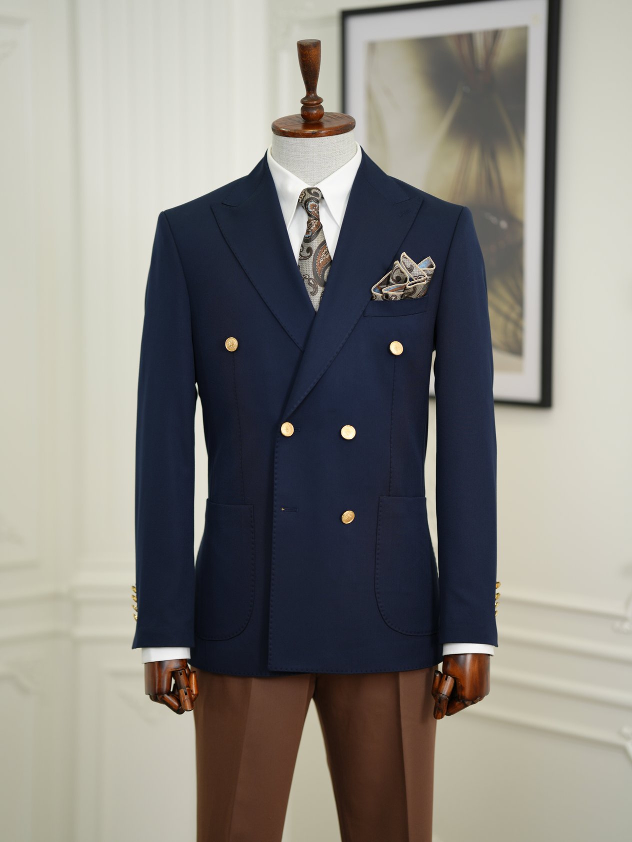 Erkek Premium İtalyan Stil Slim Fit Erkek Punto Dikişli Torba Cepli Yarım Astarlı Kruvaze Ceket - Lacivert