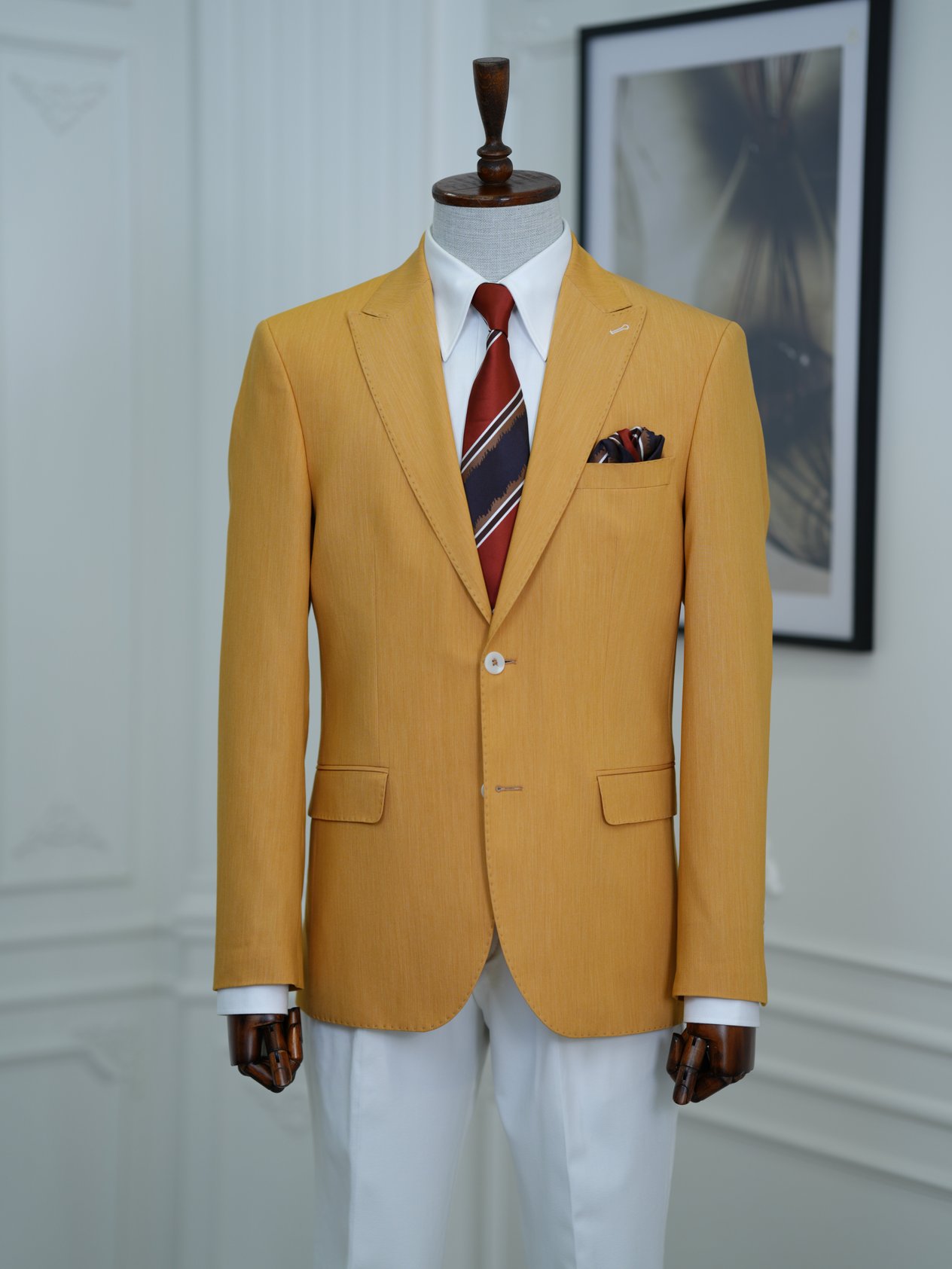 Erkek Premium İtalyan Stil Slim Fit Erkek Punto Dikişli Torba Cepli Yarım Astarlı Ceket - Sarı