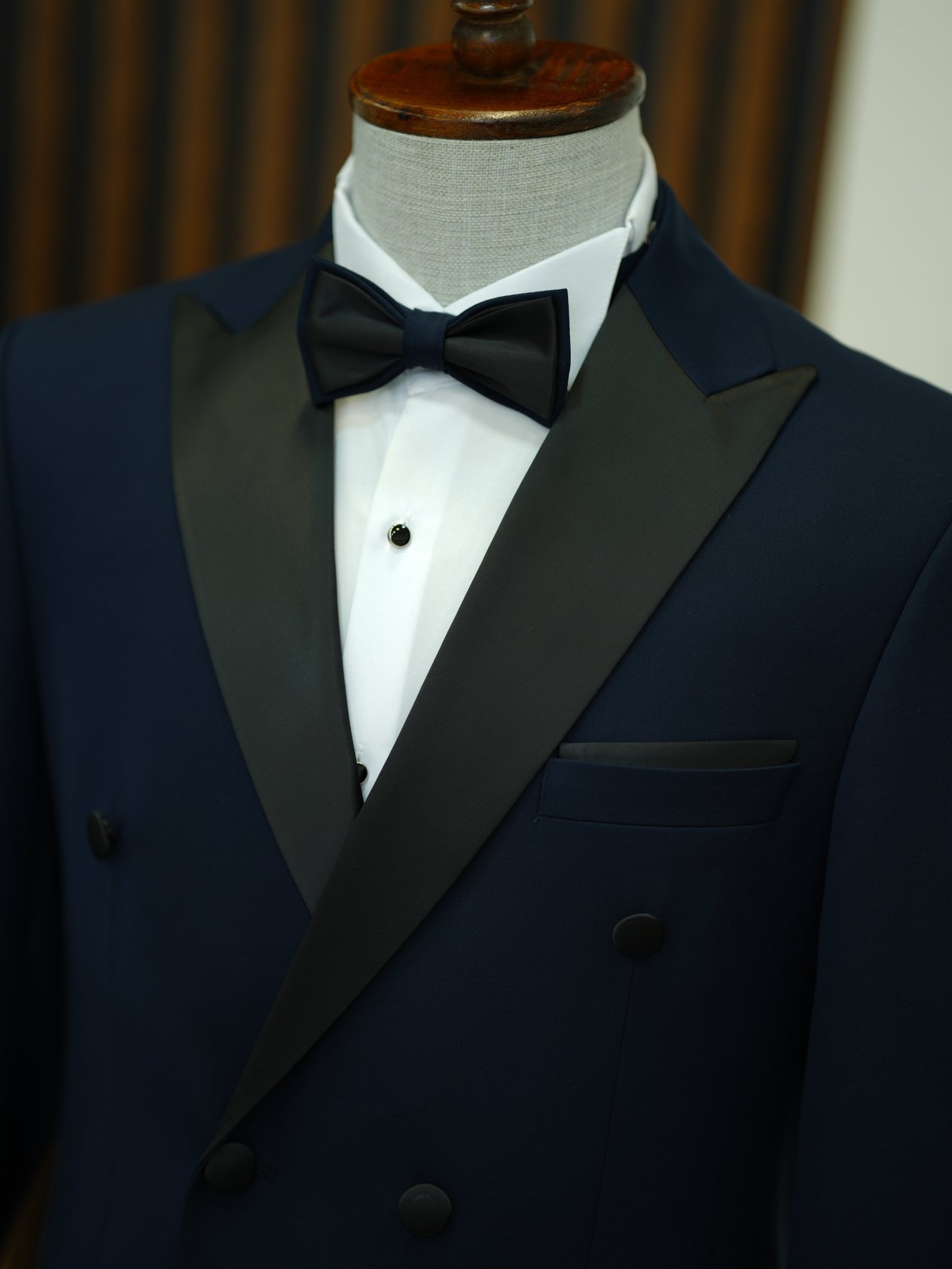 Erkek Premium Kruvaze Smokin Damatlık İtalyan Stil  Ceket Pantolon Papyon- Lacivert - Lacivert