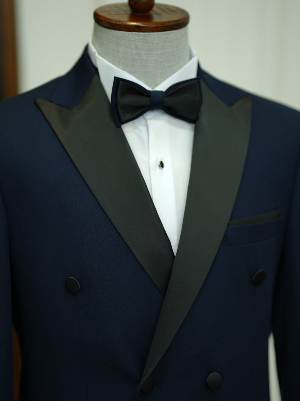Erkek Premium Kruvaze Smokin Damatlık İtalyan Stil  Ceket Pantolon Papyon- Lacivert - Lacivert