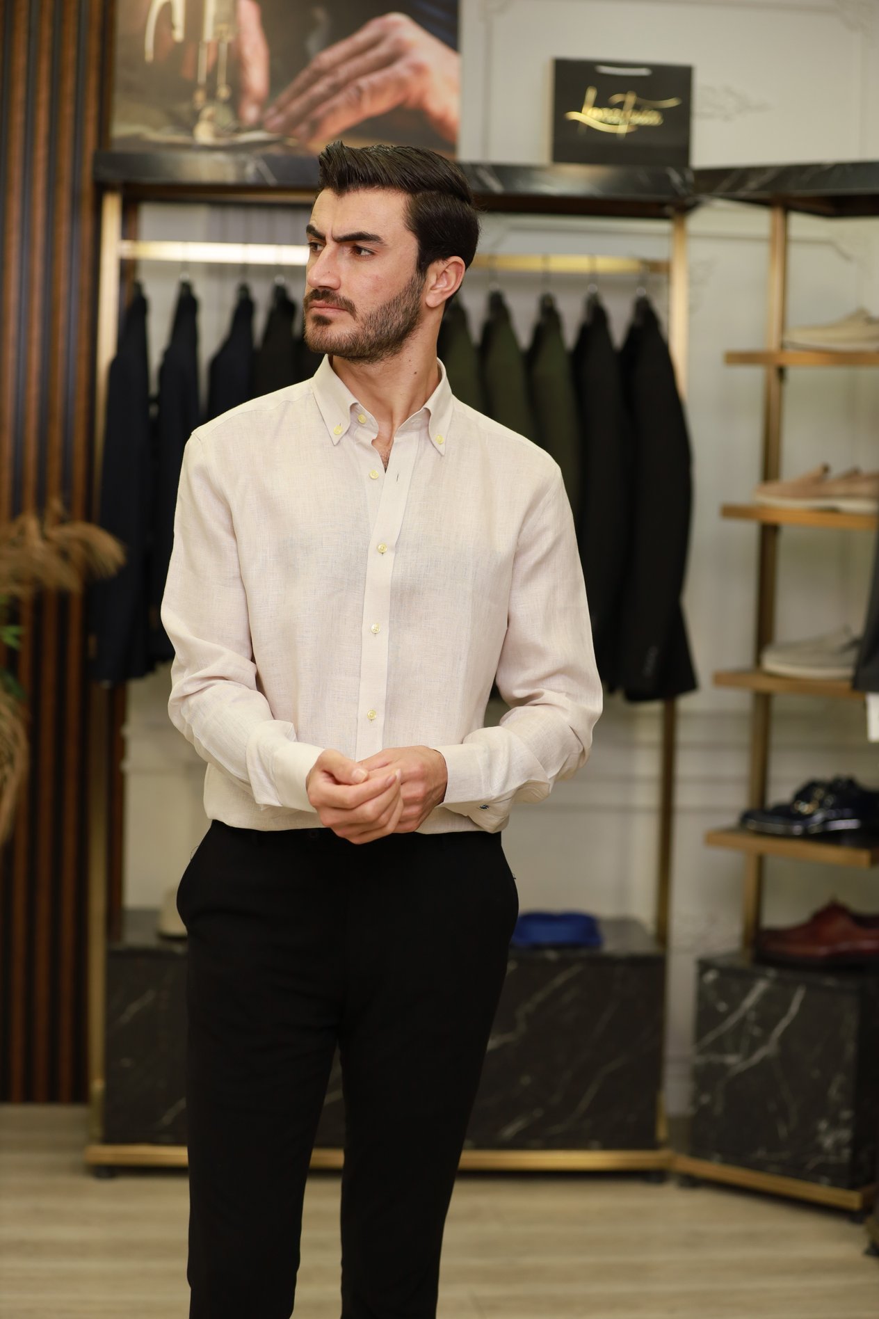 Erkek Regular Fit Apaş Yaka Yazlık Keten Gömlek-Bej