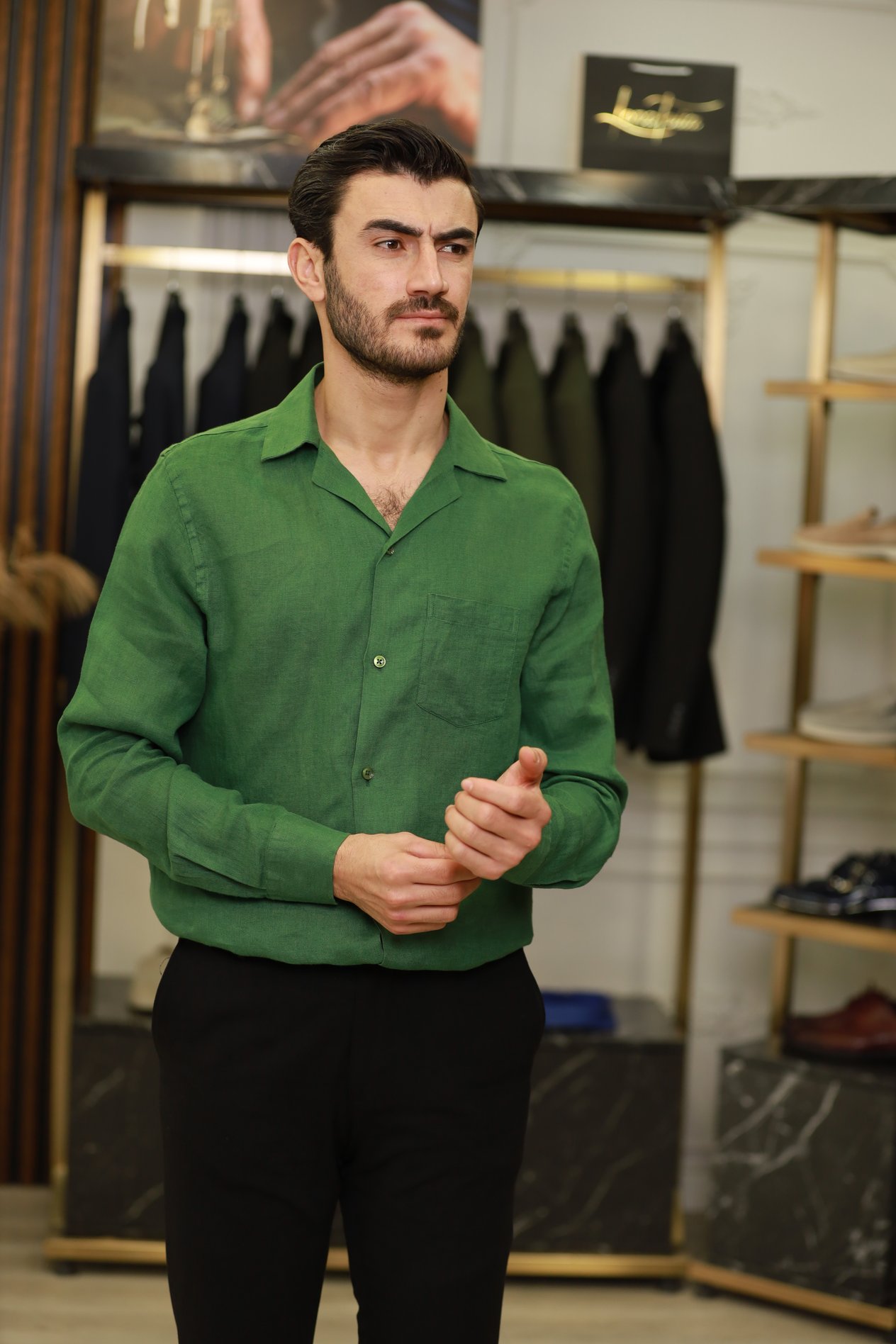 Erkek Regular Fit Apaş Yaka Yazlık Keten Gömlek-Yeşil