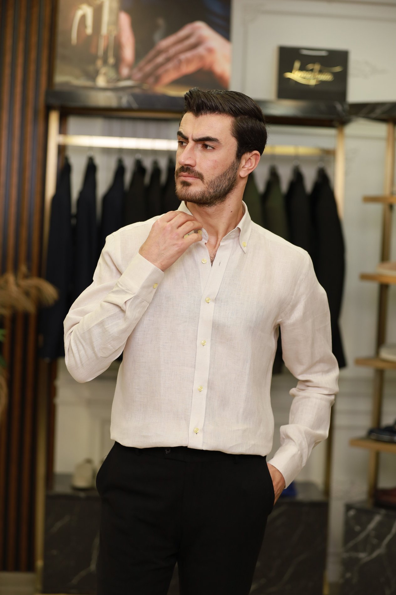 Erkek Regular Fit Apaş Yaka Yazlık Keten Gömlek-Bej