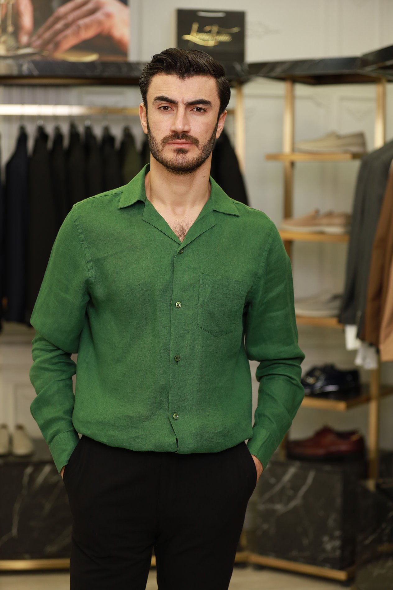 Erkek Regular Fit Apaş Yaka Yazlık Keten Gömlek-Yeşil