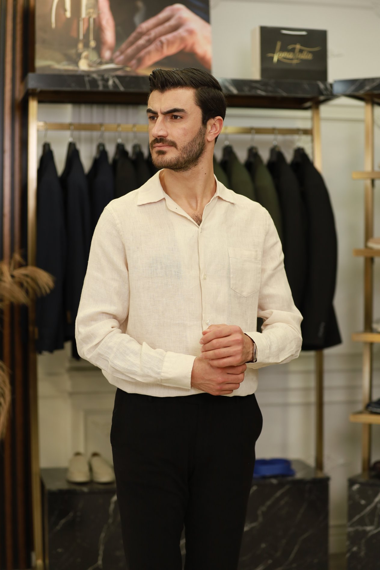 Erkek Regular Fit Apaş Yaka Yazlık Keten Gömlek-Bej