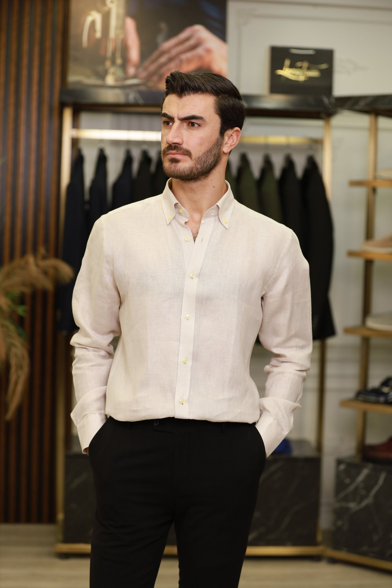 Erkek Regular Fit Apaş Yaka Yazlık Keten Gömlek-Bej