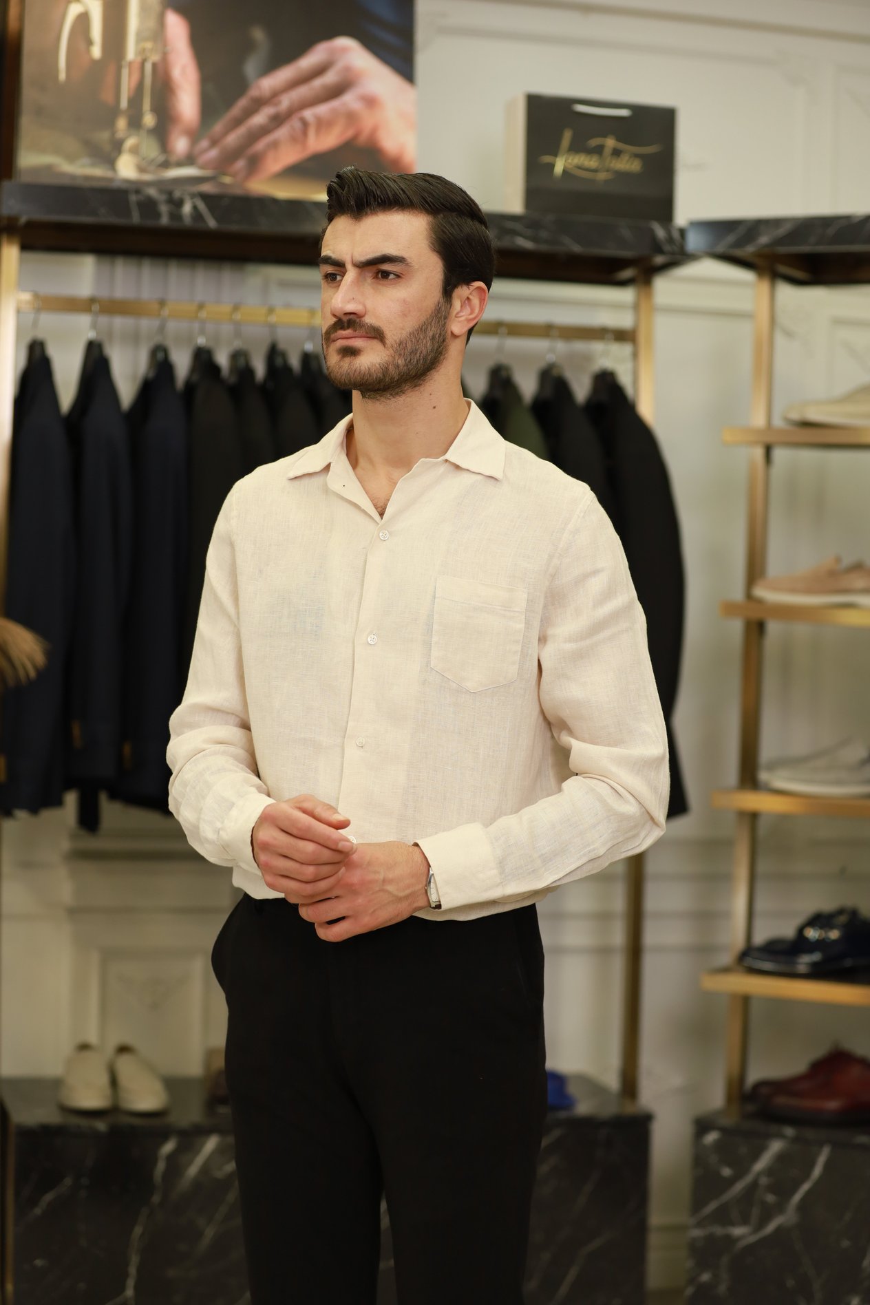Erkek Regular Fit Apaş Yaka Yazlık Keten Gömlek-Bej