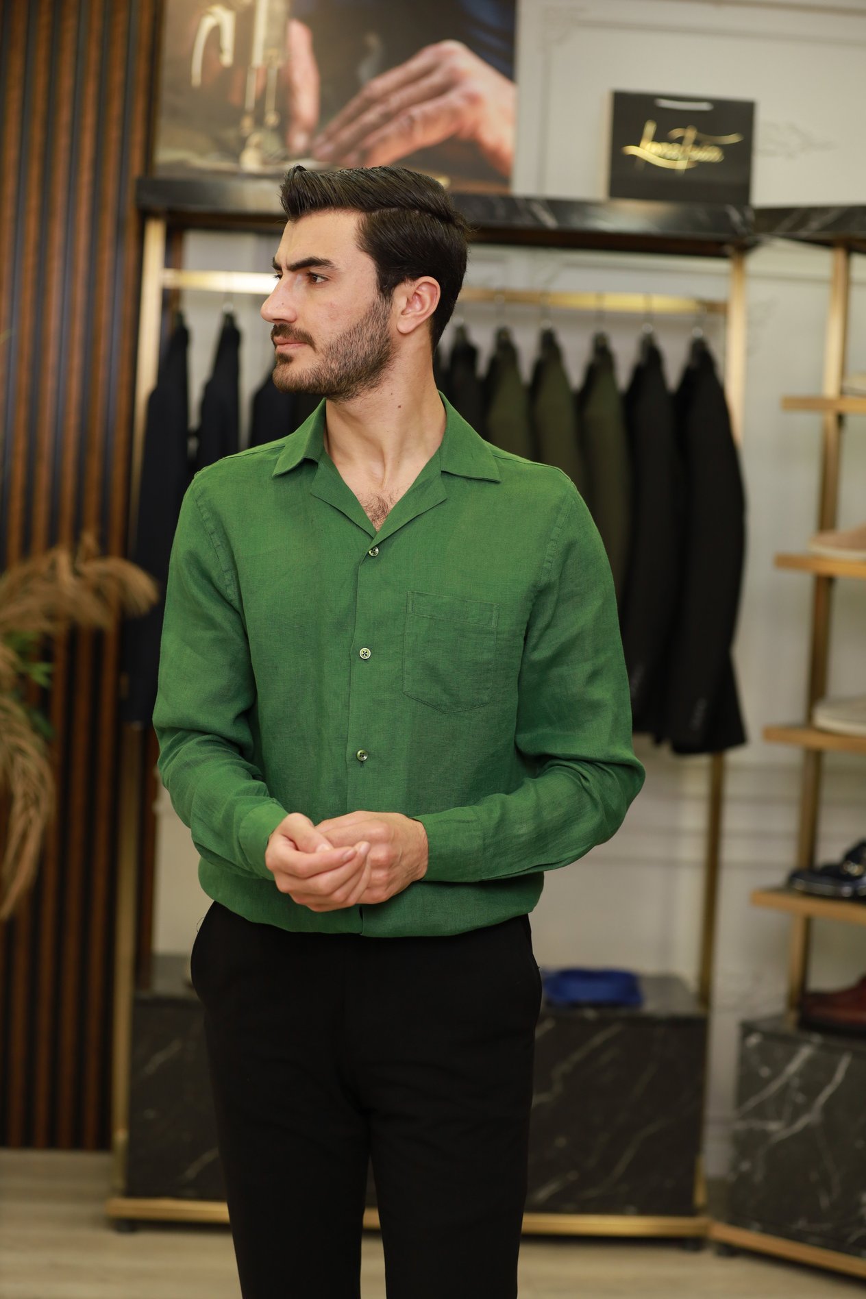 Erkek Regular Fit Apaş Yaka Yazlık Keten Gömlek-Yeşil