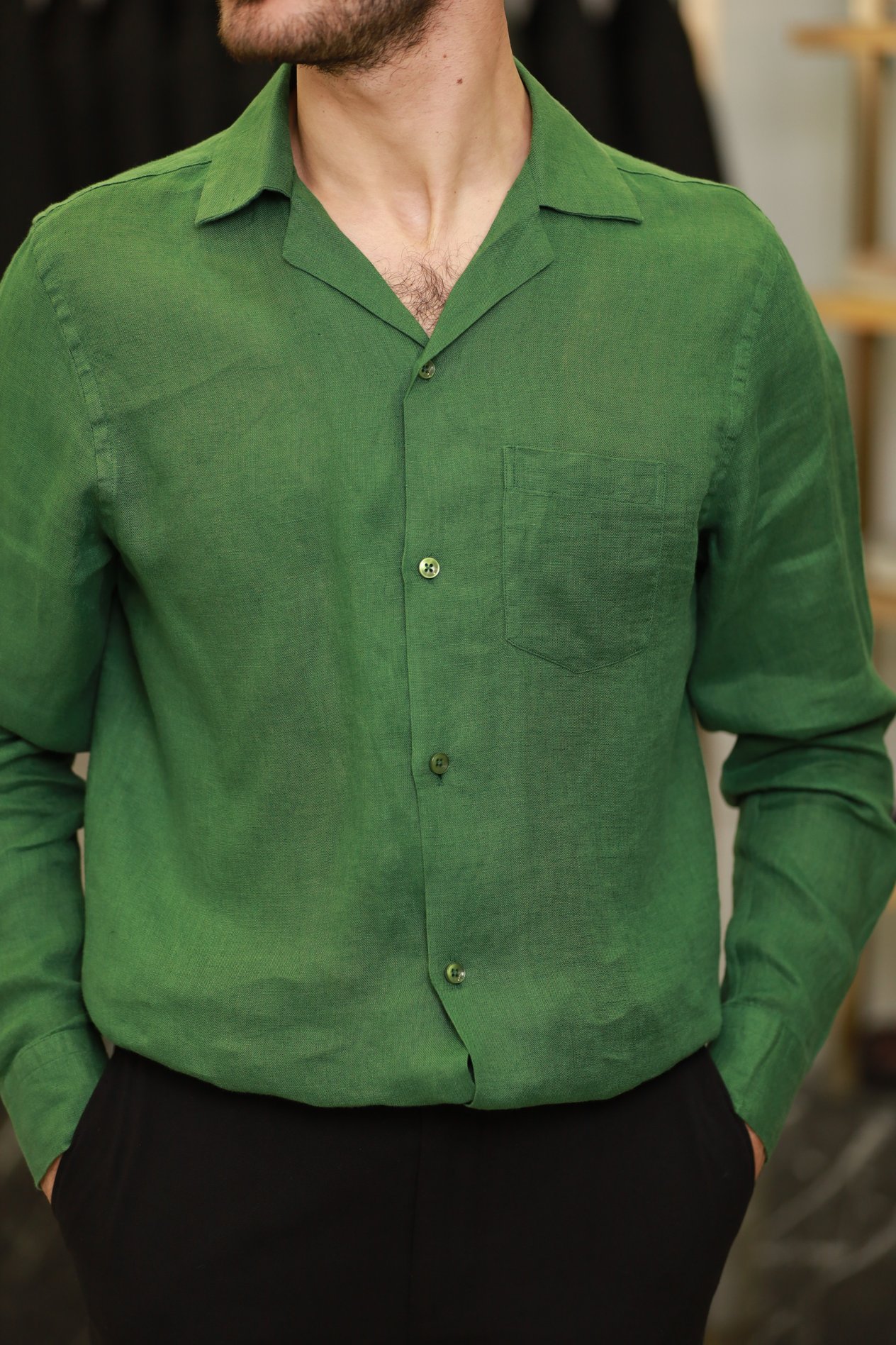 Erkek Regular Fit Apaş Yaka Yazlık Keten Gömlek-Yeşil