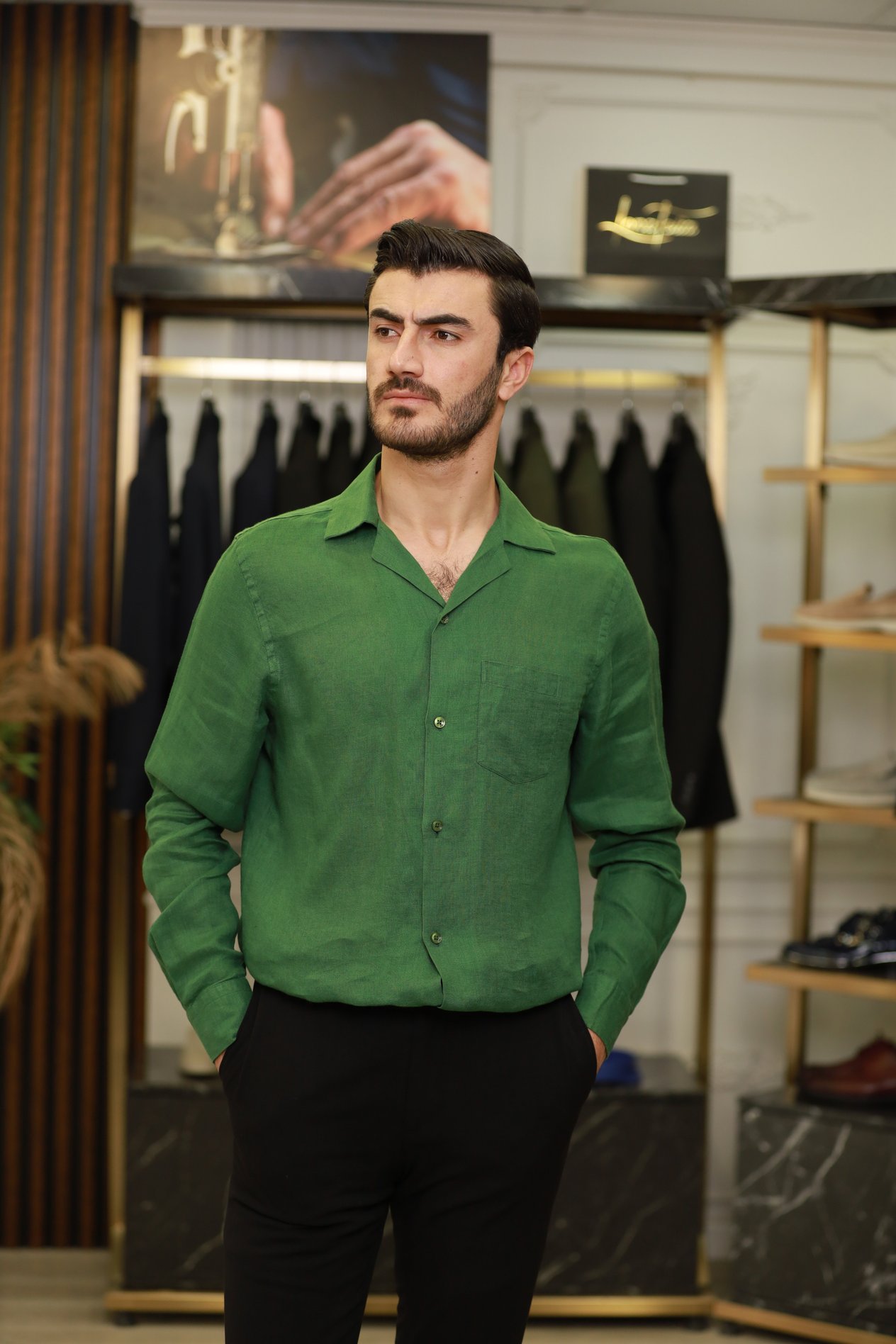 Erkek Regular Fit Apaş Yaka Yazlık Keten Gömlek-Yeşil