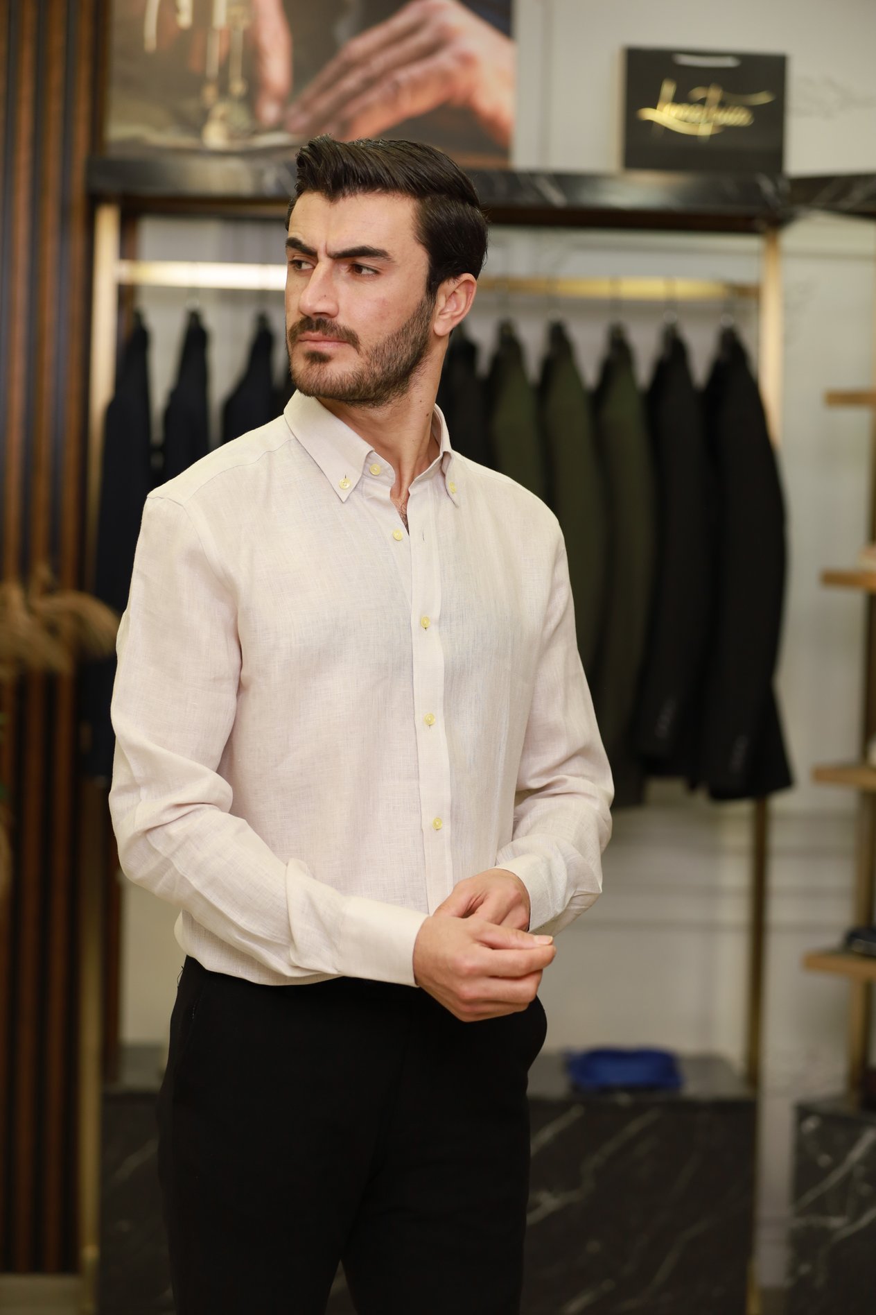 Erkek Regular Fit Apaş Yaka Yazlık Keten Gömlek-Bej