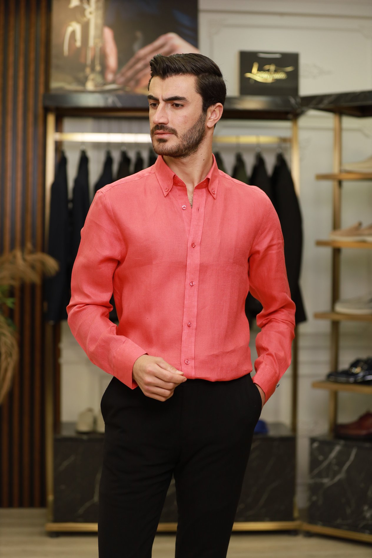 Erkek Regular Fit Keten Yaka Düğmeli Gömlek-Nar Çiçeği