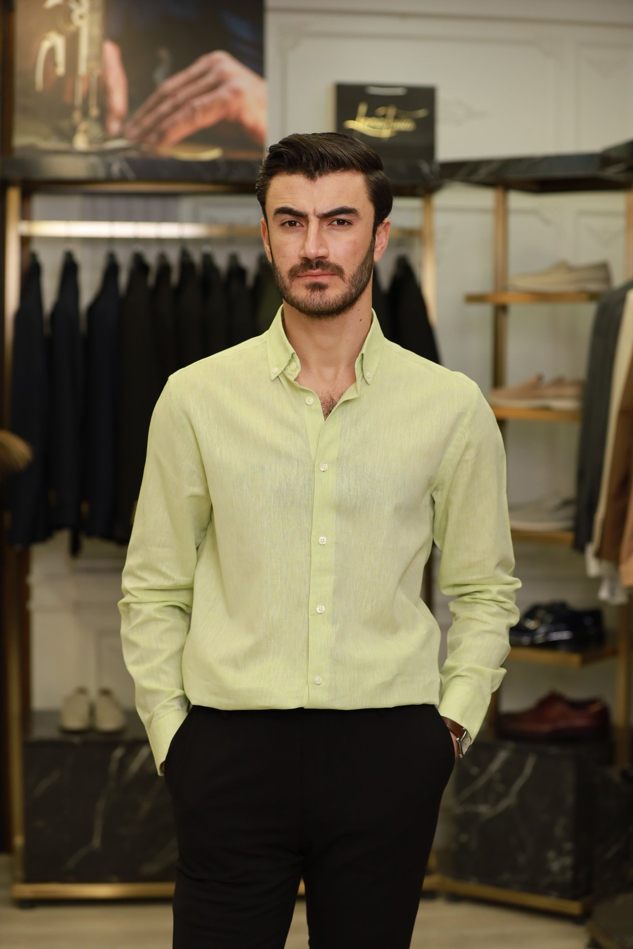 Erkek Regular Fit Keten Yaka Düğmeli Gömlek-Yeşil