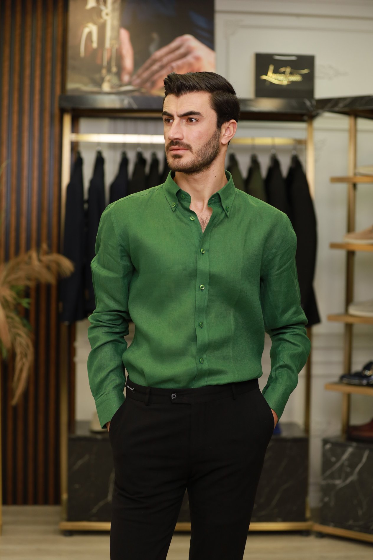 Erkek Regular Fit Keten Yaka Düğmeli Gömlek-Yeşil