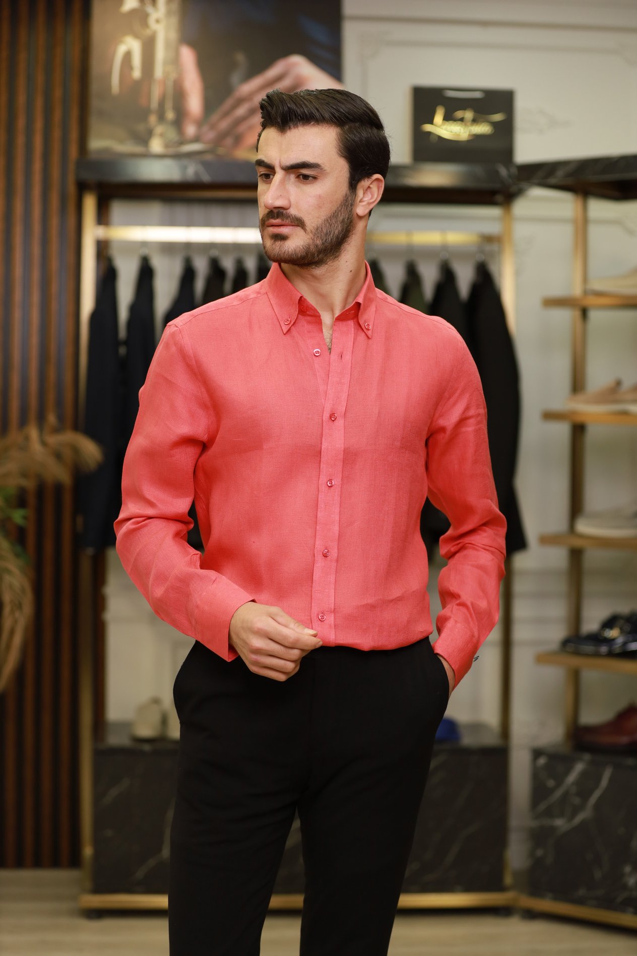 Erkek Regular Fit Keten Yaka Düğmeli Gömlek-Nar Çiçeği