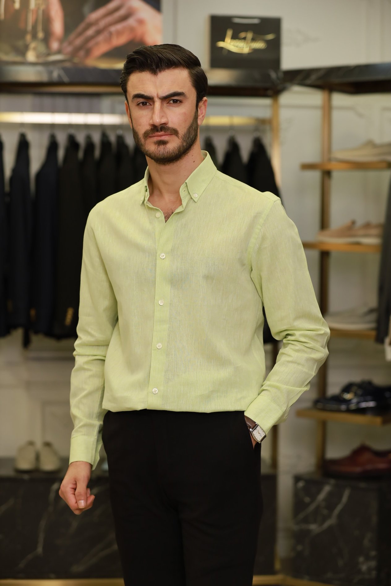 Erkek Regular Fit Keten Yaka Düğmeli Gömlek-Yeşil