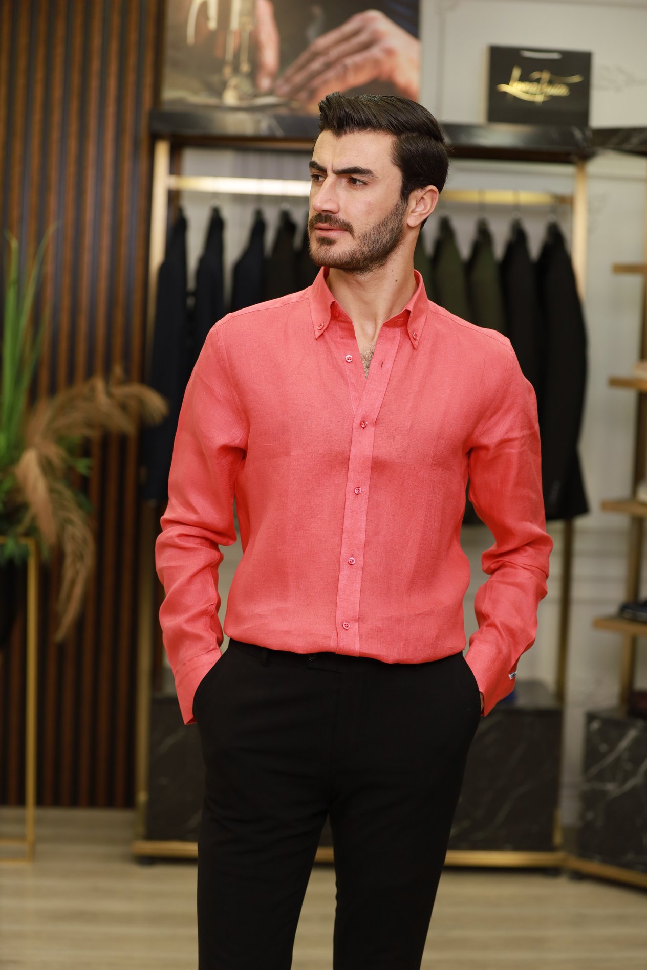 Erkek Regular Fit Keten Yaka Düğmeli Gömlek-Nar Çiçeği