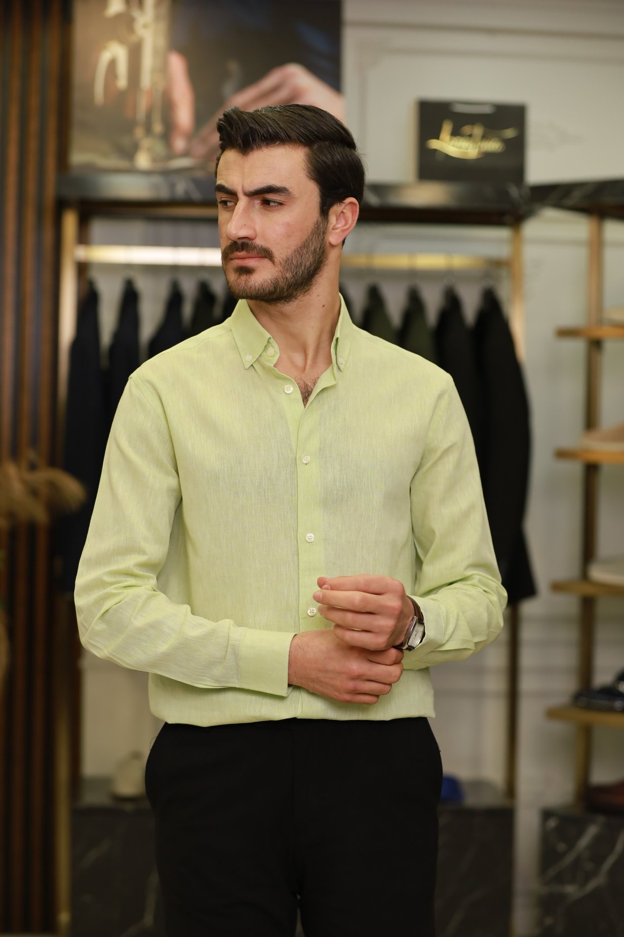Erkek Regular Fit Keten Yaka Düğmeli Gömlek-Yeşil